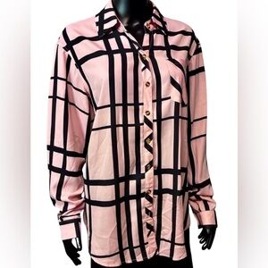 Elegant Pink and Black Plaid Women's Button Down Shirt